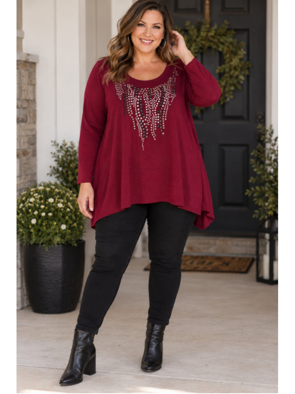 Women's K. Jordan Burgundy Long Sleeve Embellished Tee, Size 1X